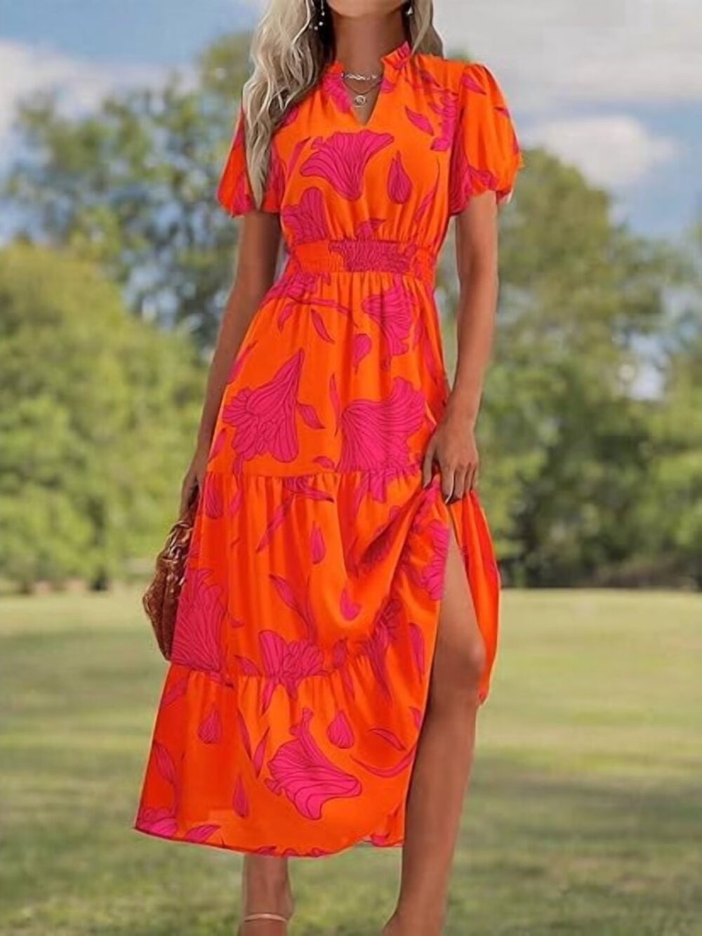 🌺 NWT PRETTYGARDEN Orange Pink Floral Maxi Dress XL